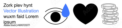 Emotions, love, charity, wealth, financial relationships, emotional value. Eye with tear, heart shape and stacked coins in clean design. Emotions and love through universal symbols