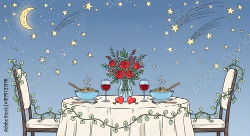 Romantic Dinner Under Starry Night Sky with Moon and Falling Stars