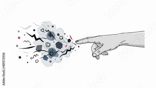 Finger Pointing at a Digital Burst of Particles and Data, Symbolizing Interaction with Science and Discovery.