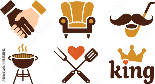 Fatherhood masculine icons set handshake armchair mustache pipe BBQ grill king crown