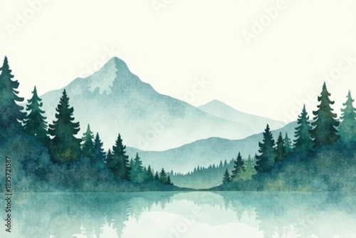 Serene Watercolor Landscape Misty Mountains Reflecting in a Tranquil Lake, Surrounded by Evergreen Trees
