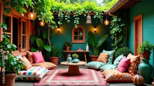 Tranquil Outdoor Patio Retreat with Lush Greenery, Vibrant Cushions, and Warm Lighting