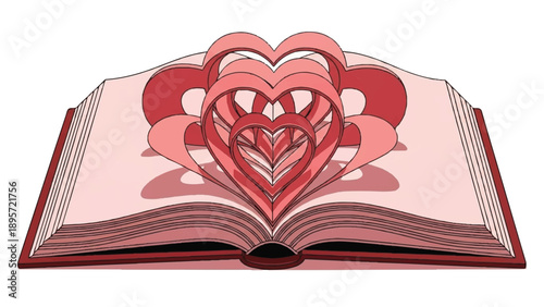 Open book with heart-shaped motifs emerging from pages symbolizing love and storytelling.