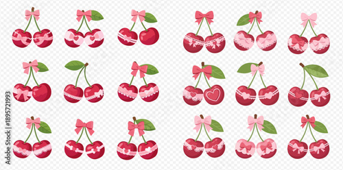 Set of cute cherry illustrations with various styles and decorations, perfect for sweet designs.