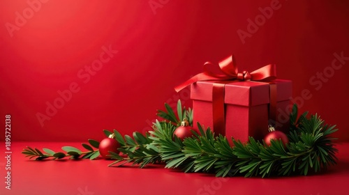 A Festive Red Gift Box Adorned with Evergreen and Ornaments on a Matching Background