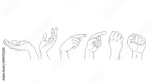 Line drawings of various hand gestures and signs.