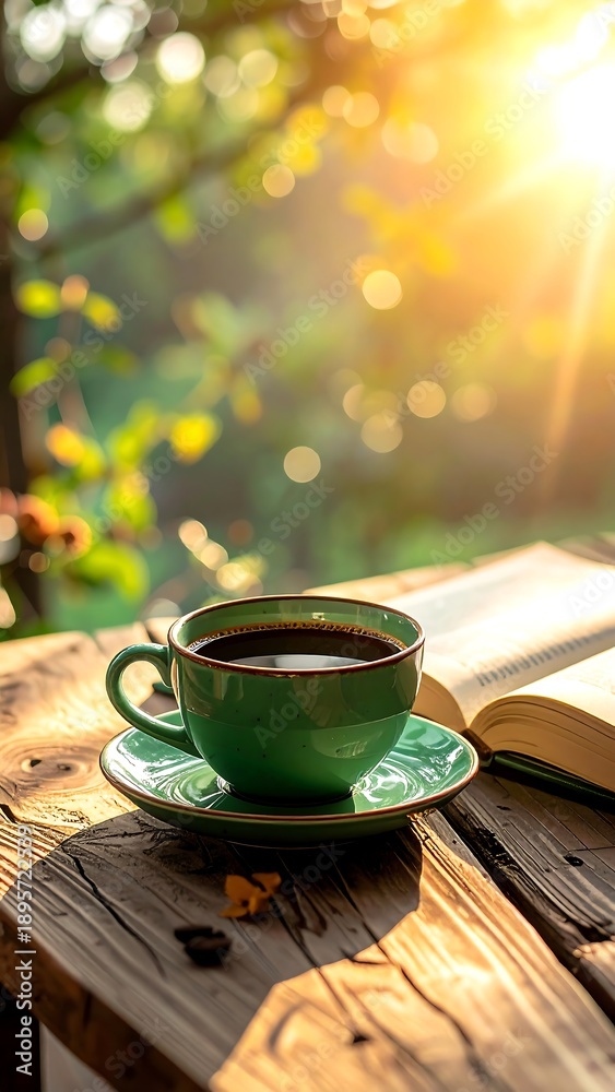 Obraz premium Coffee cup and open book sit atop rustic wooden table with sunlight filtering through green foliage in background