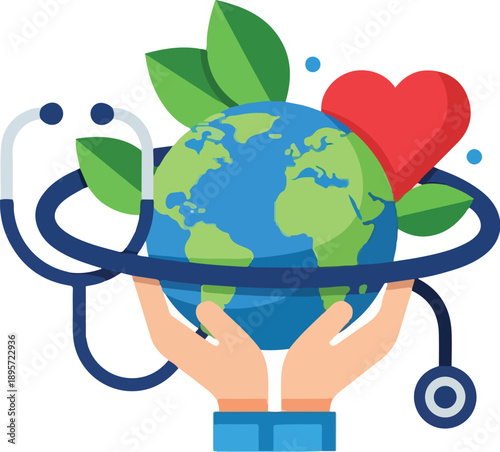 A graphic illustration of a globe with green leaves and a red heart, wrapped in a stethoscope, held by two hands on a white background. Perfect for World Health Day, healthcare campaigns,