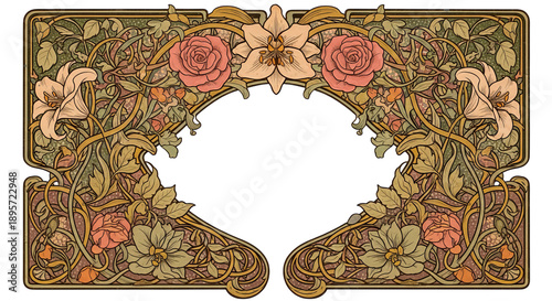 Art Nouveau floral frame with roses and lilies, ornate vintage border design