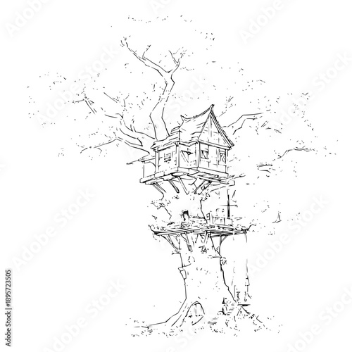 Treehouse on Large Tree Trunk with Bare Branches Isolated on White