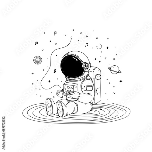 Astronaut Sitting on Water Playing Guitar in Space