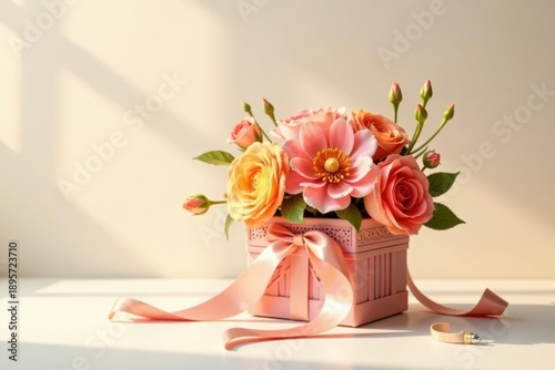 A Delicate Arrangement of Pastel Roses and Flowers in an Ornate Pink Gift Box with a Silken Ribbon, Bathed in Soft Sunlight