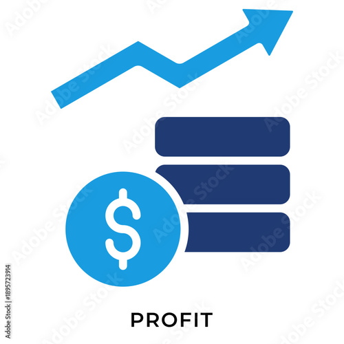 Blue glyph profit icon showing stacked coins and rising chart for business finance