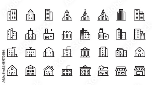 30 minimalist line art building icons. Diverse architecture homes, offices, shops, churches, factories, hospitals. Ideal for clean web and app design