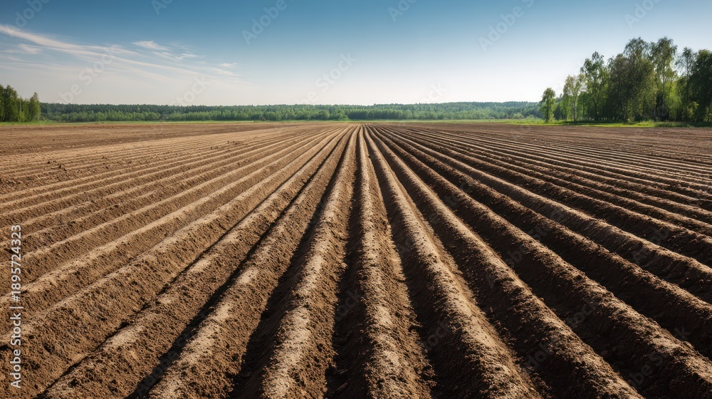 Obraz premium A vast, open field with parallel furrows, a clear blue sky, and distant green trees.