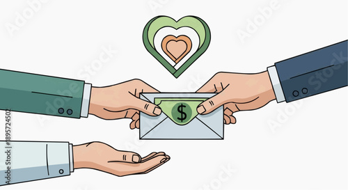 Vector illustration of charity giving during Ramadhan, hands exchanging donation envelopes with a heart symbol, representing kindness and generosity