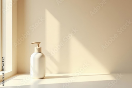 A simple white pump bottle of lotion sits on a sunlit windowsill against a pale yellow wall