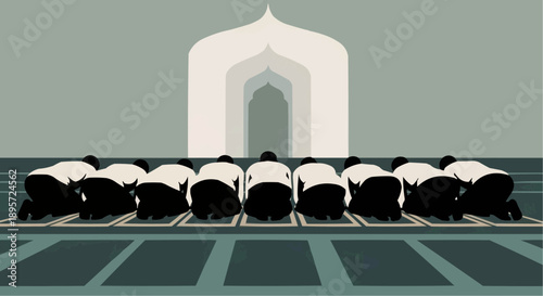 Vector illustration of people praying together during Ramadhan in a serene mosque environment viewed from the front