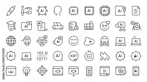 A comprehensive collection of 40 minimalist black line icons representing artificial intelligence, technology, digital concepts, and machine learning applications for modern design projects