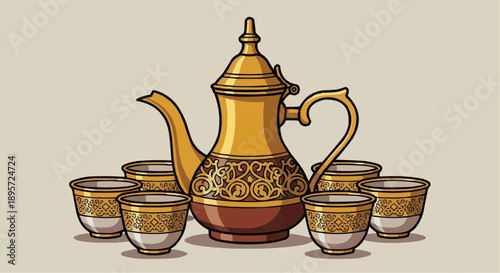 Vector illustration of a traditional tea set during Ramadhan, showcasing teapot and cups in an elegant setting