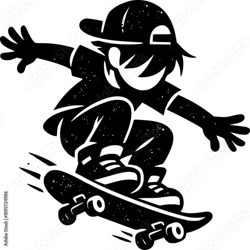 Skateboarder in Action: A dynamic illustration captures a skater mid-air, showcasing the thrill of skateboarding with a black and white perspective.
