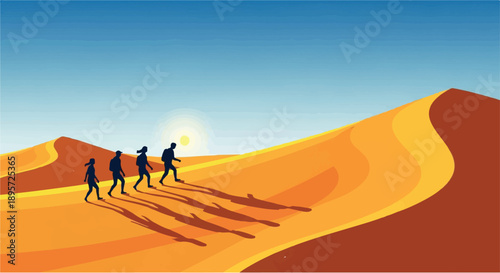 Four intrepid explorers embark on a challenging journey across vast desert dunes under the golden sun, casting long shadows on the sandy landscape