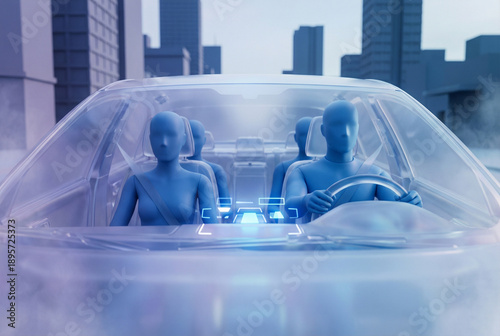 Futuristic car interior with four blue humanoid figures, digital dashboard, and cityscape background. Concept of autonomous driving, technology, and smart vehicles.