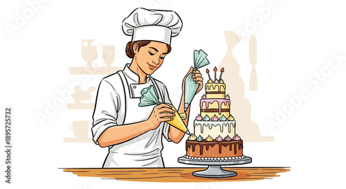Baker carefully decorates a multi tiered cake with precision and artistry illustration