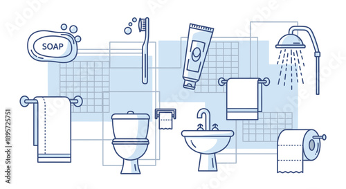 Bathroom essentials illustration with modern design and hygiene products featuring a clean and