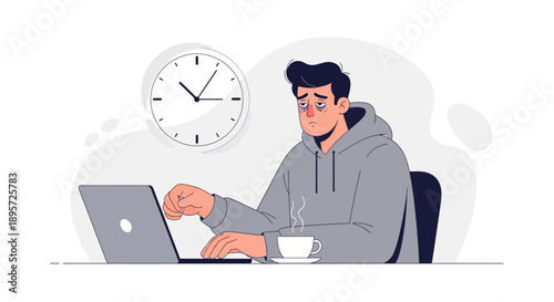 Burnout illustration depicts a stressed man working late hours on his laptop with coffee showing