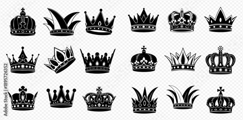 Collection of various black crown silhouettes for royalty, king, queen, and princess symbols, isolated on a transparent background.