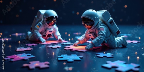 Wallpaper Mural Two Astronauts Collaborate on a Cosmic Puzzle, Solving Challenges Together in a Dark, Starry Setting Torontodigital.ca