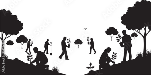 Diverse group of people planting young trees and working in a garden landscape, representing environmental care and community effort