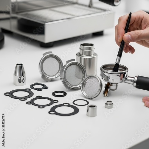 Espresso Machine Maintenance - Cleaning Portafilter and Components for Optimal Performance.