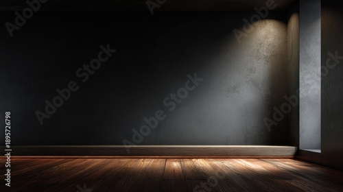 A dark, empty room with wooden floors and a concrete wall, illuminated by a single light source from a window.