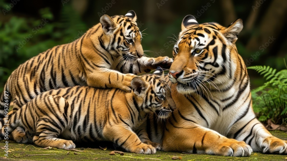 Obraz premium Three tigers lying on a mossy surface in a lush forest, with one tiger gently touching another's