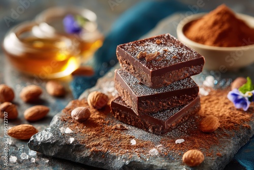 Indulge in Delicious Dark Chocolate Treats Surrounded by Almonds, Cocoa Powder, and Honey for a Tempting Dessert Experience Perfect for Any Sweet Tooth