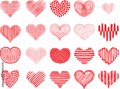 A collection of hand-drawn red heart shapes with various textures and patterns on a white background, symbolizing love and romance.