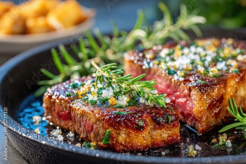 Juicy Grilled Steak with Fresh Herbs and Seasoning Served on a Cast Iron Pan, Highlighting Delicious Texture and Flavor for Gourmet Food Photography