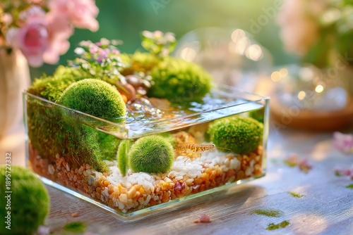 Lush Green Aquascape with Moss Balls and Decorative Plants in a Transparent Glass Container Surrounded by Natural Light and Soft Flora for Serene Home Decor Inspiration