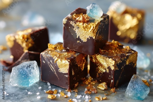 Luxurious Chocolate Squares with Golden Flakes and Blue Ice Crystals Perfect for Gourmet Desserts and Exquisite Treats in Culinary Photography