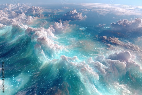 Majestic Ocean Waves Infused with Turquoise Tones and Captivating Cloud Patterns Beneath a Bright Sky, Highlighting Nature's Beauty and Serenity in Motion