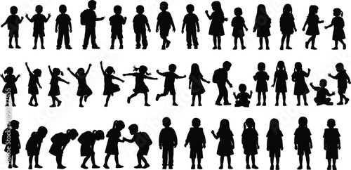 Large Set of Diverse Children Silhouettes Playing Jumping Dancing and Standing Isolated on White Background for School Education Childhood Youth and Creative Graphic Design Projects