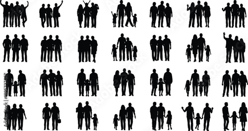 Large Set of Diverse Children Silhouettes Standing Playing and Dancing Isolated on White Background for School Education Childhood Youth and Creative Graphic Design Projects