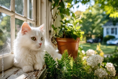 Majestic White Cat Relaxing on a Sunlit Windowsill Surrounded by Lush Green Plants and Blooming Flowers in a Tranquil Outdoor Setting