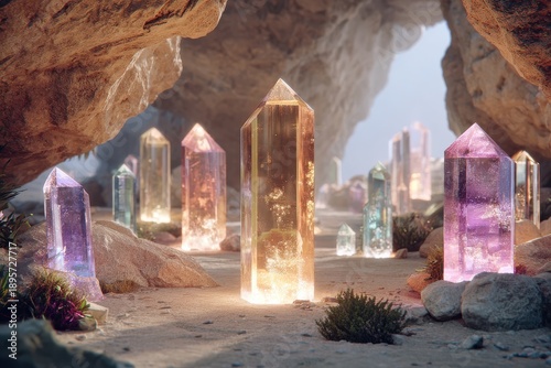 Mystical Cave Filled with Vibrant Crystals of Various Colors, Illuminating the Pathway with Ethereal Light and Natural Beauty in a Fantasy Setting