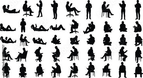 Large Set of People Silhouettes Reading Books and Studying in Various Poses Isolated on White Background for Library Education Literacy and Creative Graphic Design Projects