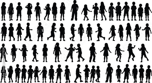 Diverse Collection of Children Silhouettes Playing Standing and Reading Isolated on White Background for School Education Childhood Learning and Youth Lifestyle Graphic Design Projects