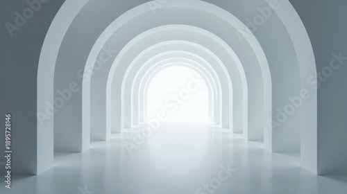 Abstract Architectural Corridor A Serene Passageway of White Arched Walls Leading to a Bright, Ethereal Light