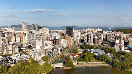 Картината върху платно Fukuoka City, Kyushu, Japan –Aerial Drone View of City Skyline, CBD, Ohori Park,
